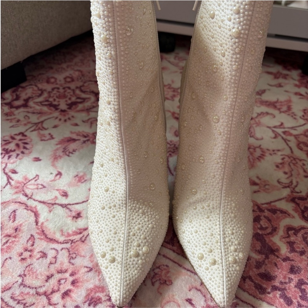 INC International Concepts Pearl-Embellished Cream Heeled Boots